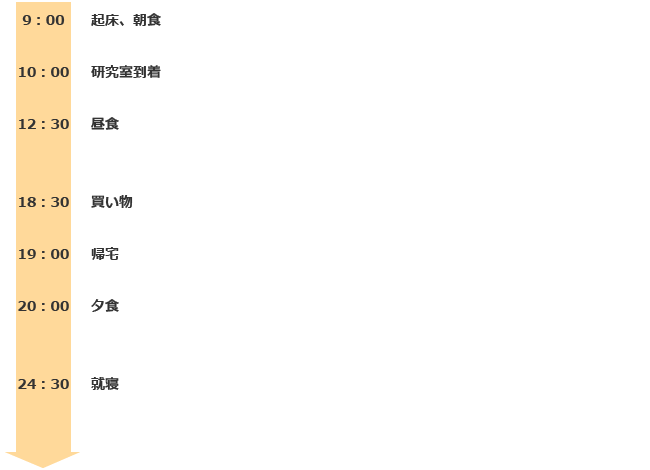 9：00　起床、朝食
10：00　研究室到着
12：30　昼食
18：30　買い物
19：00　帰宅
20：00　夕食
24：30　就寝