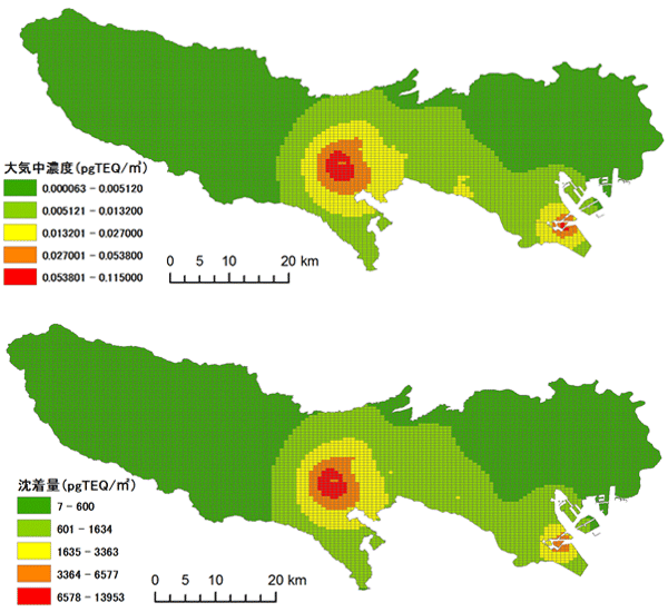 図2　2000年のダイオキシン類の大気中濃度分布（上）と土壌中の沈着量分布（下）