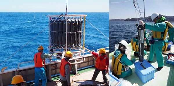 Figure 2　採水風景　(左)太平洋 (右)沿岸域での海水採取の様子。ニスキン採水器と呼ばれる特殊な器具を用いて水試料を採取する。
