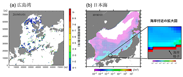 （a）広島湾・安芸灘の表面のマイクロプラスチックの分布。粒子の色は積算漂着日数を示す（佐川，修士論文，2019）。（b）対馬海峡から日本海に流入したマイクロプラスチックの分布（大野，修士論文，2019）。海面に比べて高濃度にマイクロプラスチックが海岸に蓄積。