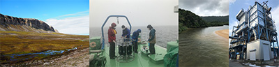 左からスバールバル（北極）、琵琶湖、沖縄マングローブ、廃棄物焼却処理施設での調査