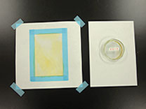 ② パラトルエンスルホン酸鉄（III）溶液を塗ったフィルム（左）と　ピロールの入ったシャーレ（右）