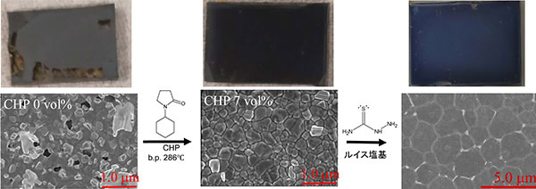 図3 ペロブスカイト薄膜の写真(上段)及び電子顕微鏡像(下段)_2