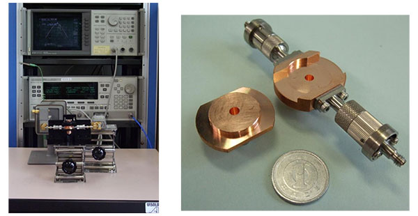 開発した誘電体材料評価システムと100GHz帯材料評価用共振器
