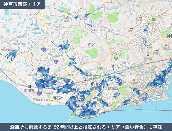 図2　避難交通の発生集中状況（避難完了まで2時間以上の交通のみ図示）