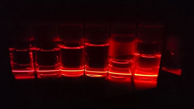 部屋の光（蛍光灯）を消して、赤フィルムを通して見た場合。