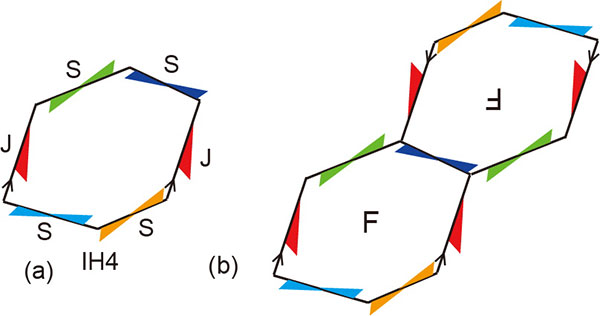 図5：(a)IH4のテンプレート。対となるJ枝は互いに平行。S枝の長さや向きに制限はない。(b) IH4のテンプレートの隣接関係。